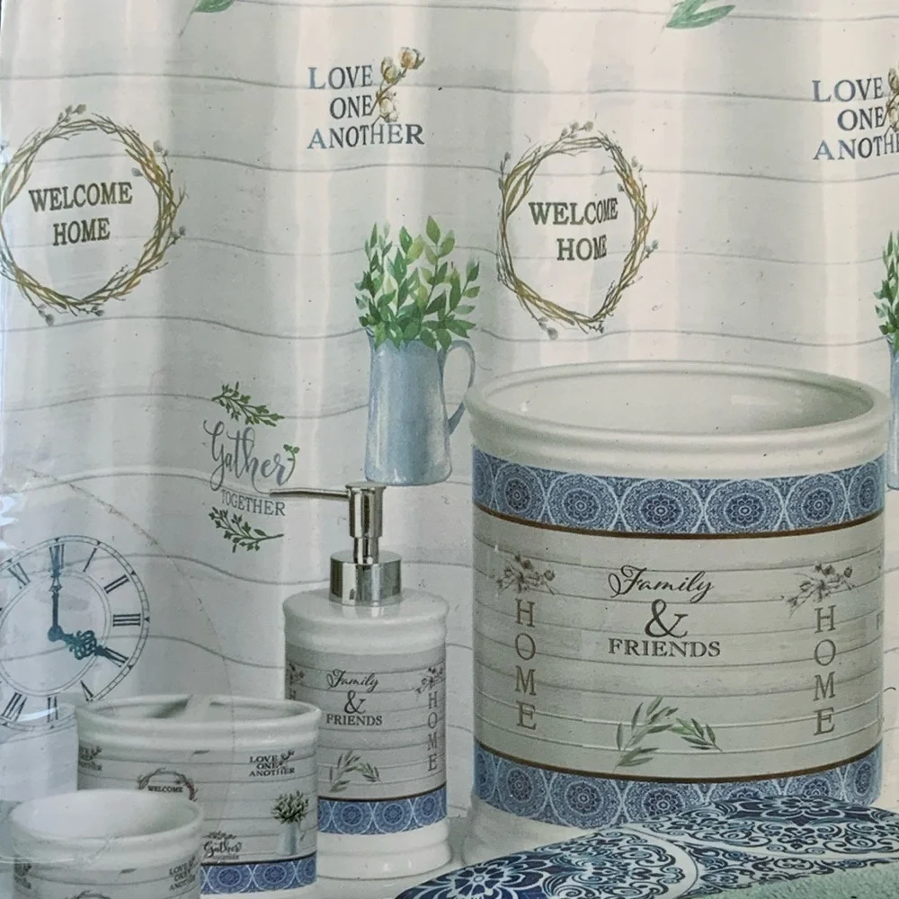 Modern Farmhouse Fabric Shower Curtain White Blue Multicolor 72 in X 72 in